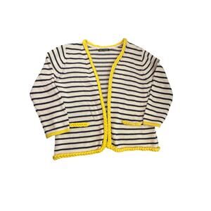 Cable & Gauge Striped Cardigan Yellow Braided Trim Cotton Knit Preppy Nautical